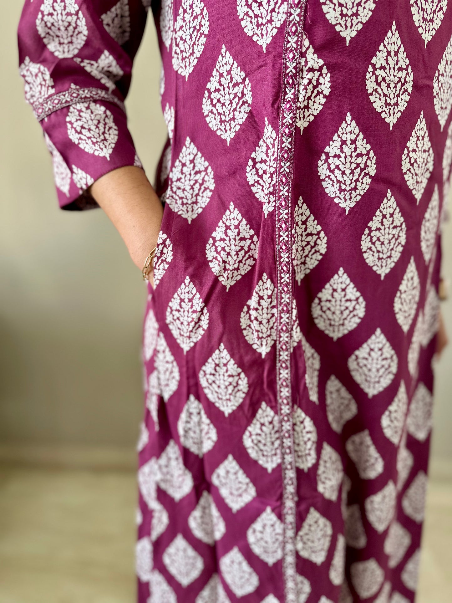 Wine Leafy Patterned Kurti