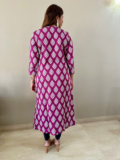 Wine Leafy Patterned Kurti