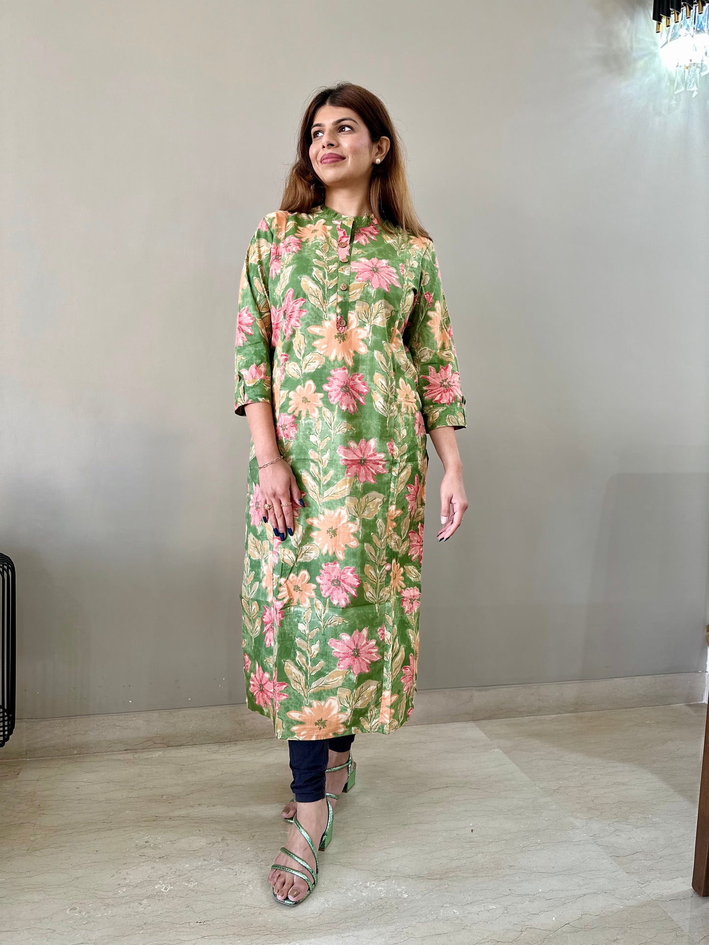 Cotton Floral Kurti - Green